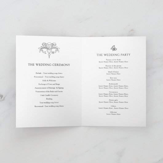 Zwart-wit fleur de lis monogram kunst bruiloft programma (Binnen)
