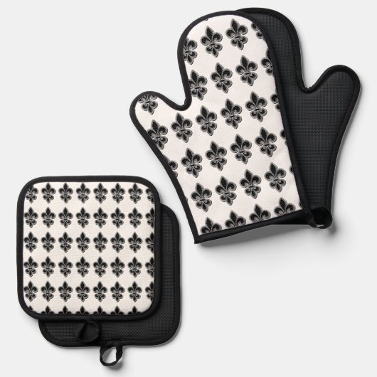 Zwart-wit Fleur De Lis Ovenwant & Pannenlap Set (Voorkant / Achterkant)