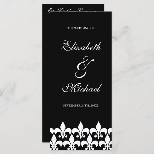 Zwart-wit Fleur de Lis Trouwprogramma Programmakaart (Voorkant / Achterkant)