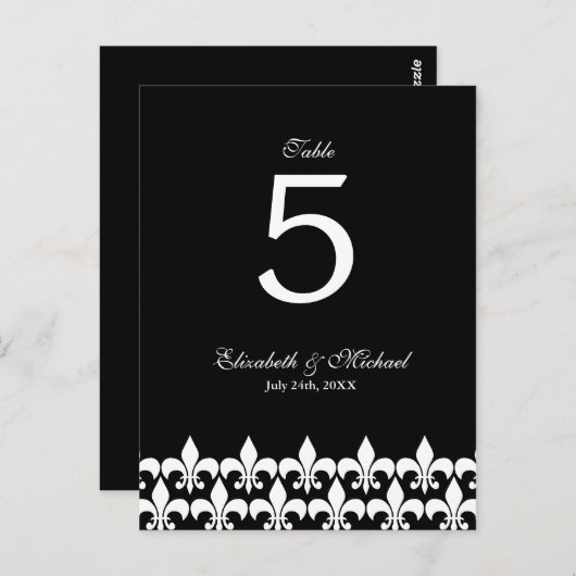 Zwart-wit Fleur de Lis Trouwtafel Nummer Briefkaart (Voorkant / Achterkant)