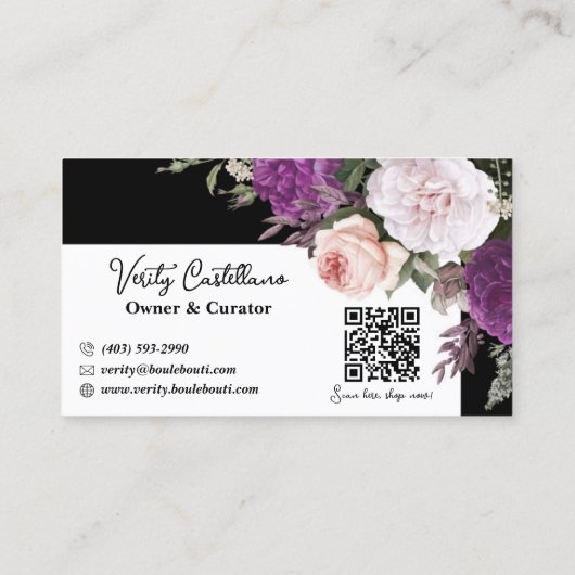 Zwart & Wit  Floral Chic Boutique QR Code Visitekaartje (Achterkant)