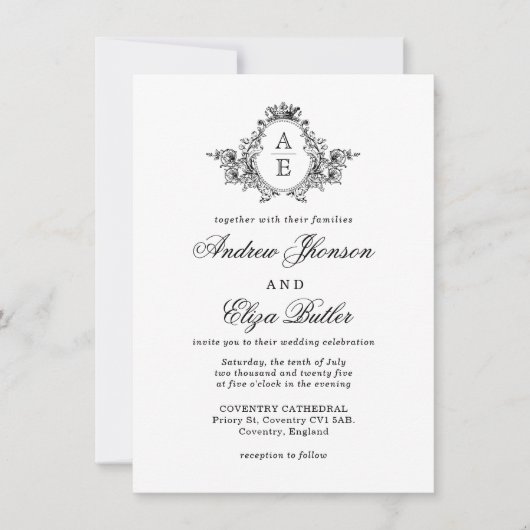 Zwart-wit Floral Crest Monogram Bruiloft Kaart (Voorkant)