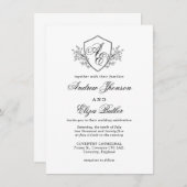 Zwart-wit Floral Crest Monogram Bruiloft Kaart (Voorkant / Achterkant)