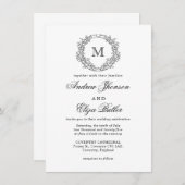 Zwart-wit Floral Crest Monogram Bruiloft Kaart (Voorkant / Achterkant)