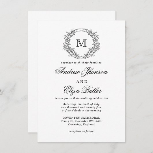 Zwart-wit Floral Crest Monogram Bruiloft Kaart (Voorkant / Achterkant)