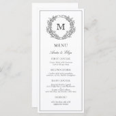 Zwart-wit Floral Crest Monogram Bruiloft Menu (Voorkant / Achterkant)
