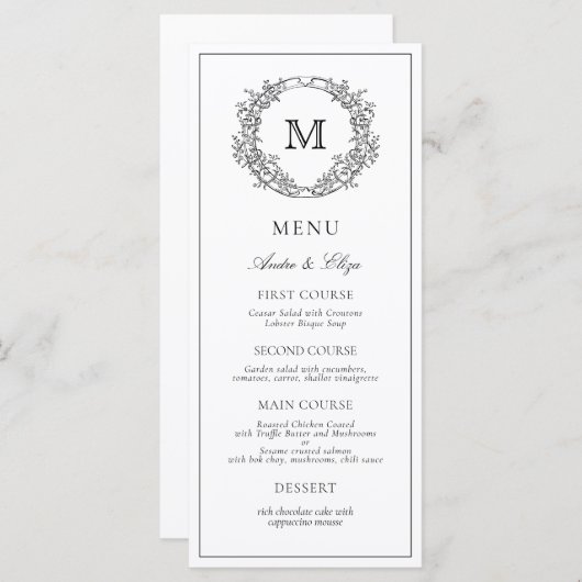 Zwart-wit Floral Crest Monogram Bruiloft Menu (Voorkant / Achterkant)