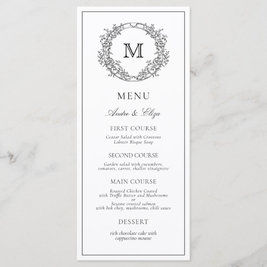 Zwart-wit Floral Crest Monogram Bruiloft Menu (Voorkant)