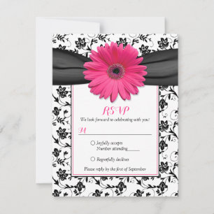 Zwart-wit Floral Damask Wedding Reply Kaart