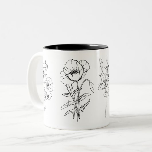 Zwart-wit Floral Design Mok (Voorkant links)