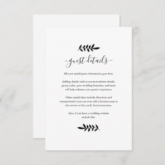 Zwart-wit Floral Garland bruiloft details Informatiekaartje (Voorkant / Achterkant)