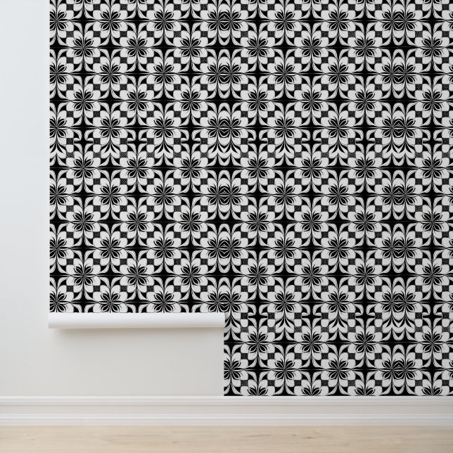 Zwart-wit Floral Geometric Pattern Behang (Applicatie)