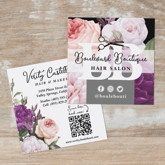 Zwart-wit Floral Hair Salon Stylist QR Code Vierkante Visitekaartje