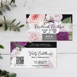 Zwart-wit Floral Hair Salon Stylist QR Code Visitekaartje