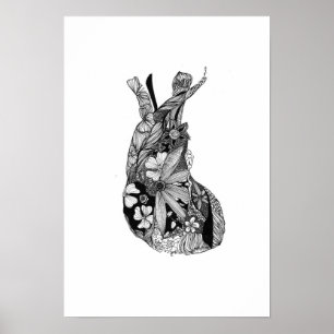 Zwart-wit Floral hart Poster