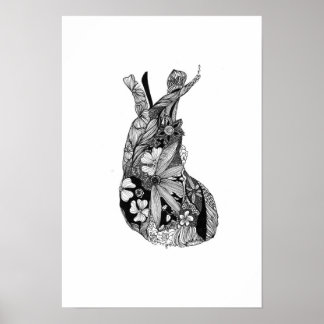 Zwart-wit Floral hart Poster