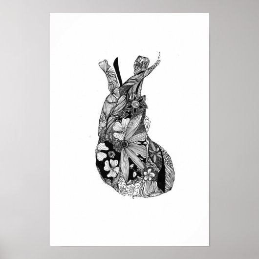 Zwart-wit Floral hart Poster (Voorkant)
