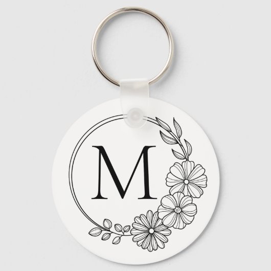 Zwart-wit Floral krans Monogram Sleutelhanger (Voorkant)