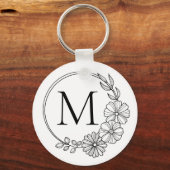 Zwart-wit Floral krans Monogram Sleutelhanger (Voorkant)