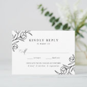 Zwart-wit Floral Maaltijd Keuze Bruiloft RSVP Kaartje (Staand voorkant)