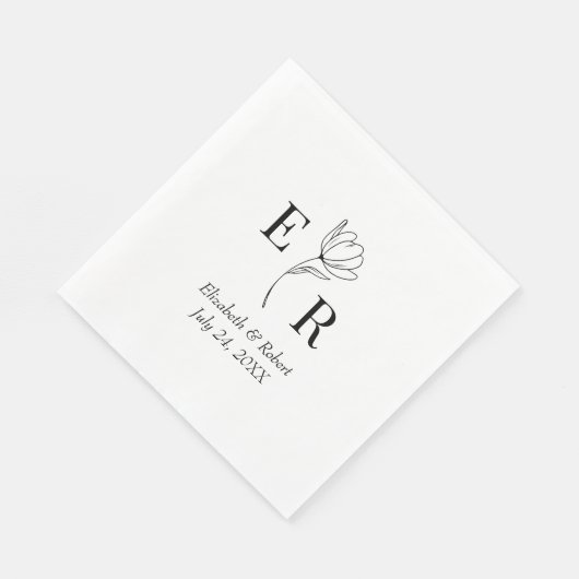 Zwart-wit Floral Monogram Bruiloft Servet (Hoek)