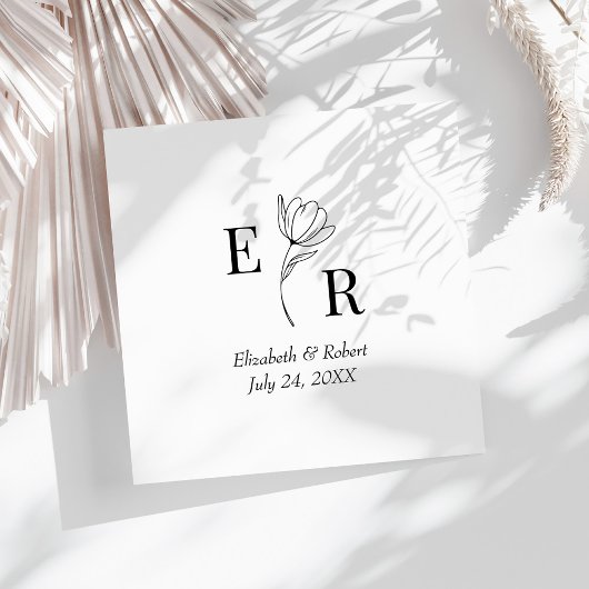 Zwart-wit Floral Monogram Bruiloft Servet