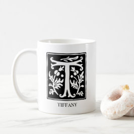  zwart-wit Floral Monogram Letter T Koffiemok