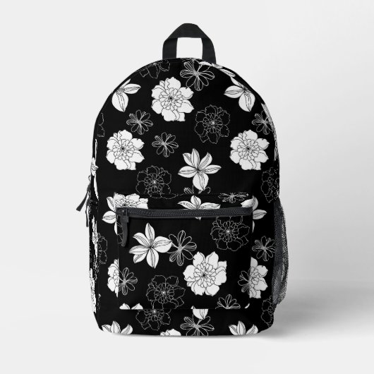 Zwart-wit Floral Patroon Bedrukte Rugzak (Voorkant)