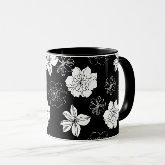 Zwart-wit Floral Patroon Mok (Voorkant rechts)
