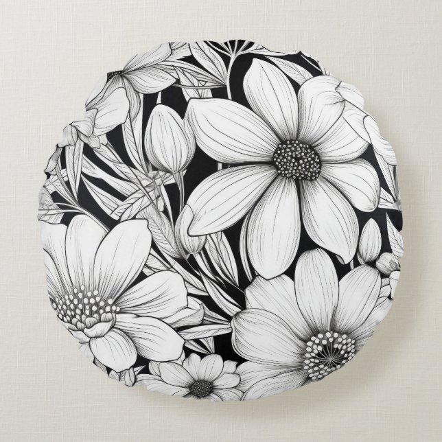 Zwart-wit Floral Patroon Rond Kussen (Voorkant)