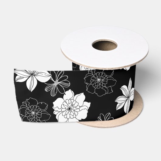 Zwart-wit Floral Patroon Satijnen Lint (Spoel)