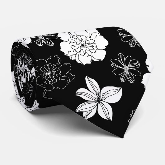 Zwart-wit Floral Patroon Stropdas (Opgerold)