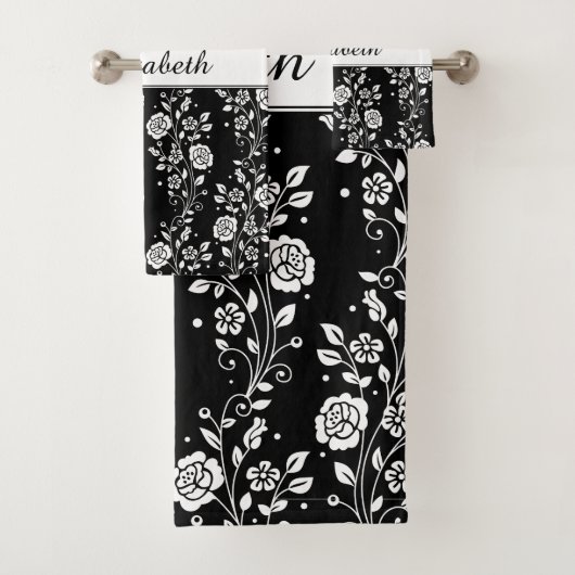 Zwart-wit Floral Roos Patroonnaam Afdrukken Bad Handdoek (Insitu)