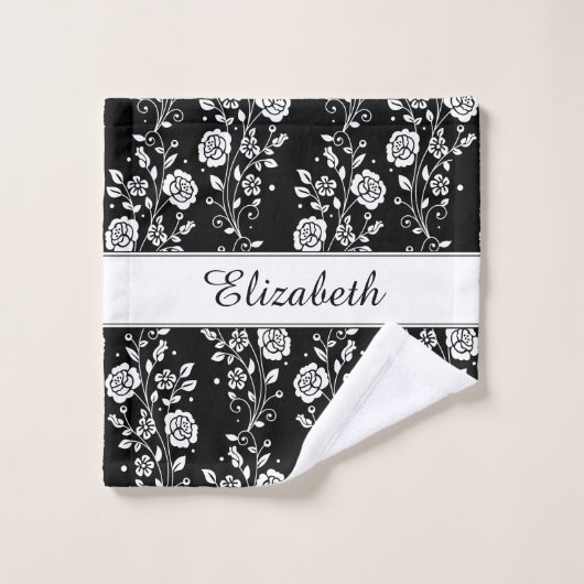 Zwart-wit Floral Roos Patroonnaam Afdrukken Bad Handdoek (Wasdoekje)
