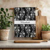 Zwart-wit Floral Roos Patroonnaam Afdrukken Theedoek