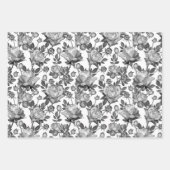 Zwart wit Floral Roos Verpakkingspapier Reeks 3 Inpakpapier Vel (Voorkant)