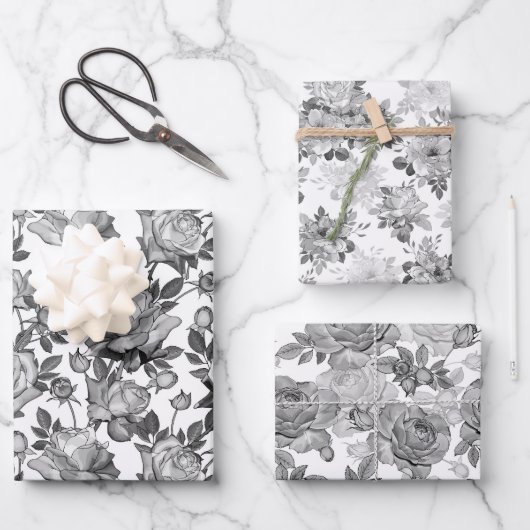 Zwart wit Floral Roos Verpakkingspapier Reeks 3 Inpakpapier Vel (Voorkant)