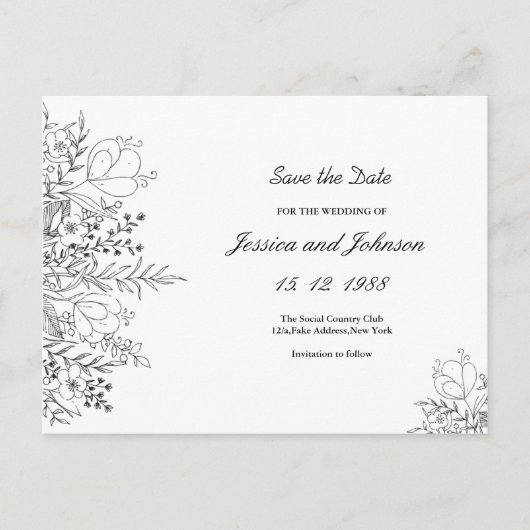 Zwart-wit Floral Save the Date Briefkaart (Voorkant)