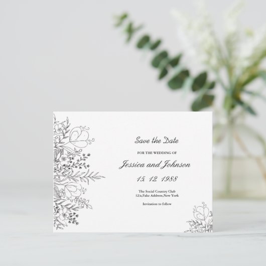 Zwart-wit Floral Save the Date Briefkaart (Staand voorkant)