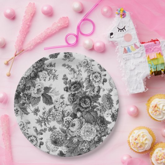 Zwart-wit Floral Toile No.3 Papieren Bord (Feest)