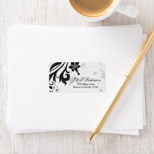 Zwart-wit Floral trouwadreslabel Etiket (Insitu)