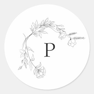 Zwart-wit Floral Wreath Monogram Sticker