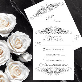 Zwart-wit Flourish Elegance RSVP Kaartje