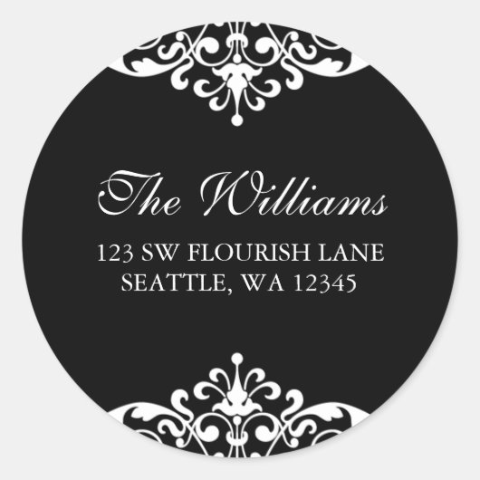 Zwart-wit Flourish Scroll Adreslabel Ronde Sticker (Voorkant)