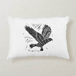 Zwart-wit Flying Raven Lino Cut Accent Kussen