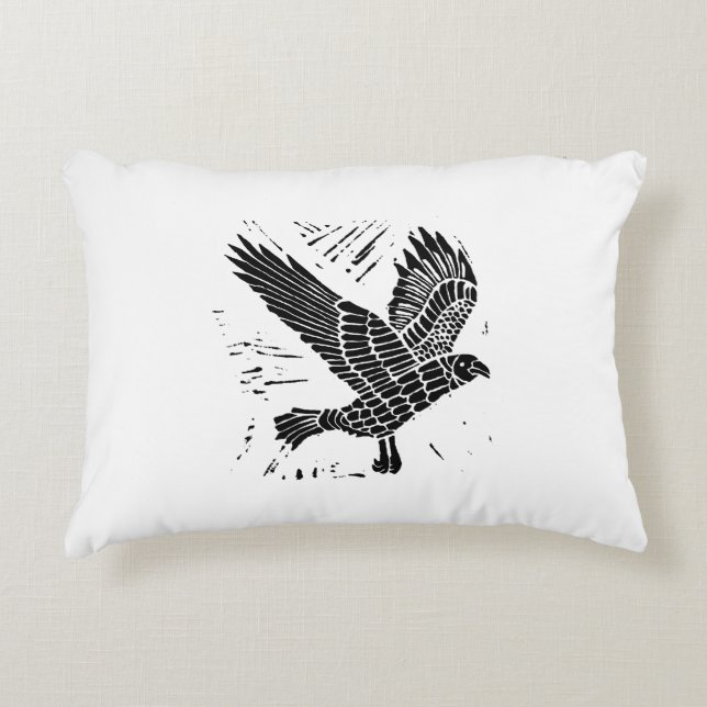 Zwart-wit Flying Raven Lino Cut Accent Kussen (Voorkant)
