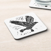 Zwart-wit Flying Raven Lino Cut Bier Onderzetter (Linkerzijde)