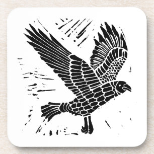 Zwart-wit Flying Raven Lino Cut Bier Onderzetter