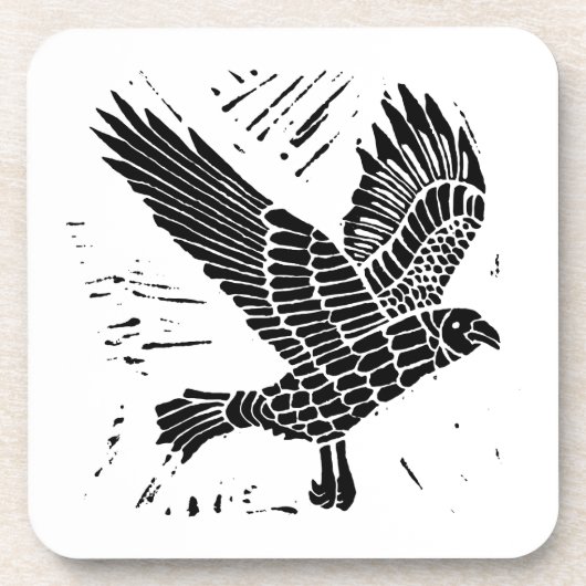 Zwart-wit Flying Raven Lino Cut Bier Onderzetter (Voorkant)
