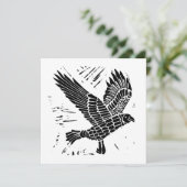Zwart-wit Flying Raven Lino Cut Feestdagenkaart (Staand voorkant)